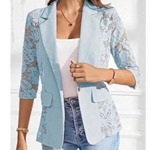 Women's Lace Sleeve Blazer Jacket - Soft Pink